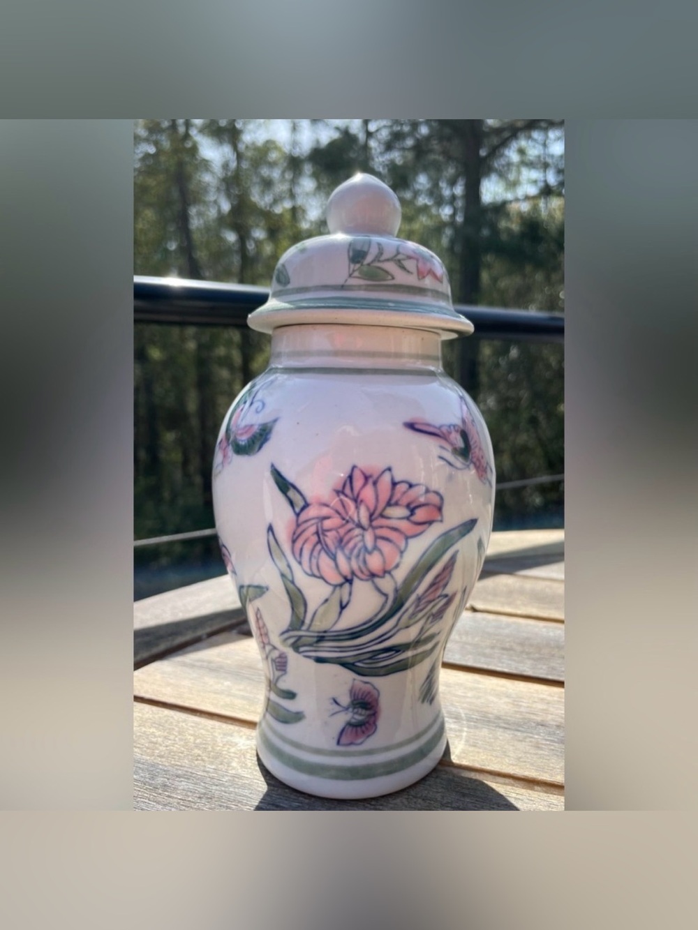 Vintage Floral Butterfly Temple Jar with Lid 7.5"